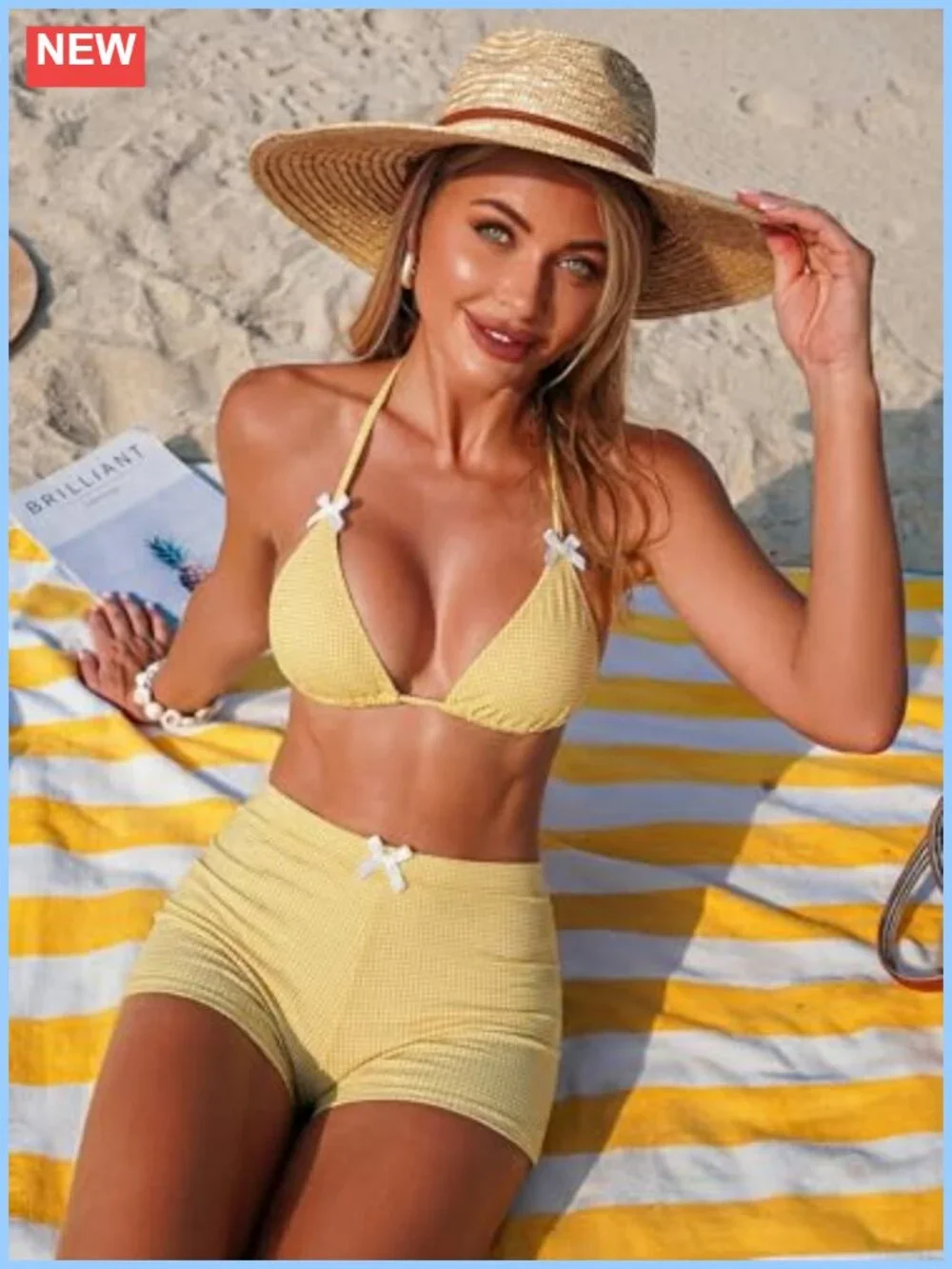 Women's Gingham Bikini Set with Shorts Adjustable Halter Triangle Swimsuit